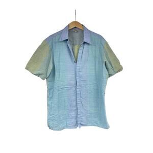 Neeru Kumar Short Sleeve Button Up Shirt Green Blue Colorblock Men’s XL?